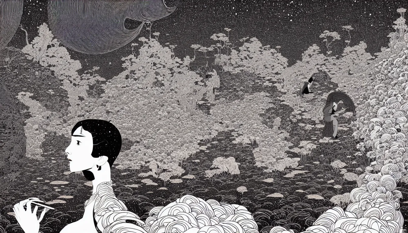 Prompt: gazing at the mirror by woodblock print, nicolas delort, moebius, victo ngai, josan gonzalez, kilian eng