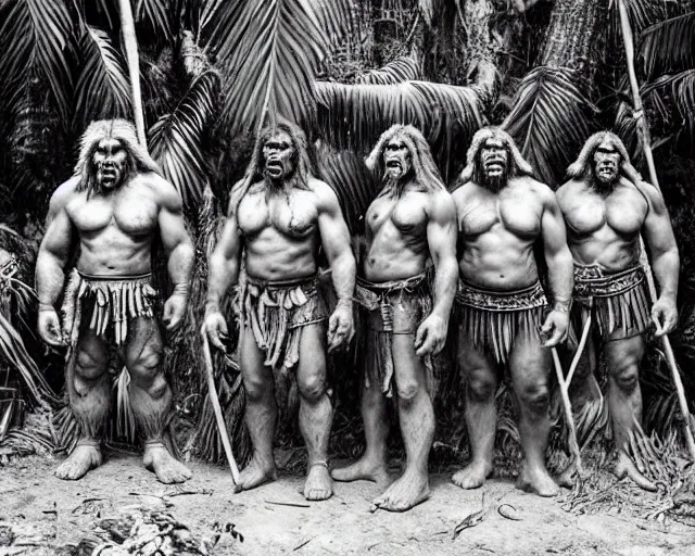 Image similar to hyper realistic group vintage photograph of a live action warcraft orc warrior tribe in the jungle, tall, hulk like physique, detailed faces, tribal paint, tribal armor, grain, old, monochrome, sepia toned, realistic lighting, wide angle