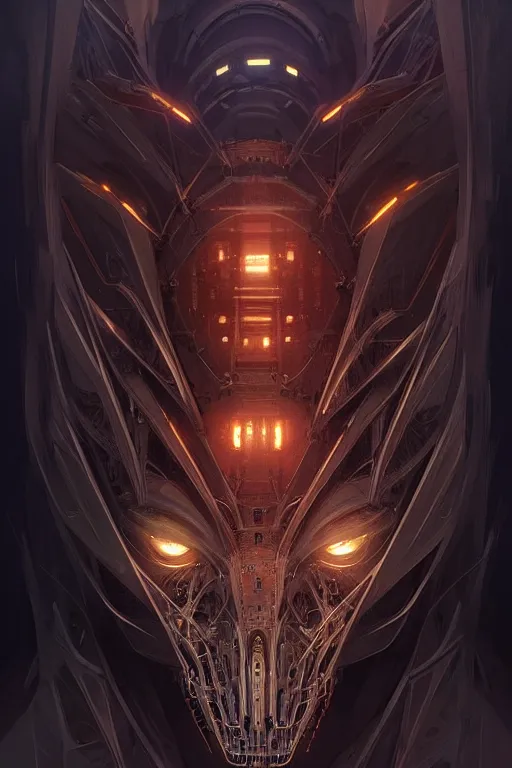 Image similar to professional concept art symmetrical portrait of a terrifying! mechanical predatory! fractal! species in a dark room by artgerm and greg rutkowski. an intricate, elegant, highly detailed digital painting, concept art, smooth, sharp focus, illustration, in the style of cam sykes.