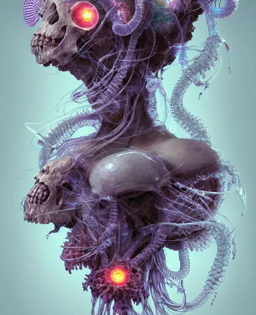 Image similar to goddess close-up portrait ram skull, thorax, x-ray, backbone, jellyfish phoenix head, nautilus, orchid, skull, betta fish, bioluminiscent creatures, intricate artwork by Tooth Wu and wlop and beeple. octane render, trending on artstation, greg rutkowski very coherent symmetrical artwork. cinematic, hyper realism, high detail, octane render, 8k