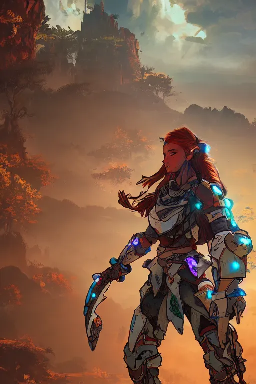 Image similar to combination suit armor aloy horizon forbidden west horizon zero dawn radiating a glowing aura global illumination ray tracing hdr fanart arstation by ian pesty and alena aenami artworks in 4 k tribal robot ninja mask helmet backpack