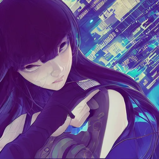 Image similar to Frequency indie album cover, luxury advertisement, blue filter, blue and black colors. Clean and detailed post-cyberpunk sci-fi close-up schoolgirl in asian city in style of cytus and deemo, blue flame, relaxing, calm and mysterious vibes, by Tsutomu Nihei, by Yoshitoshi ABe, by Ilya Kuvshinov, by Greg Tocchini, nier:automata, set in half-life 2, GITS, Blade Runner, Neotokyo Source, Syndicate(2012), dynamic composition, beautiful with eerie vibes, very inspirational, very stylish, with gradients, surrealistic, dystopia, postapocalyptic vibes, depth of field, mist, rich cinematic atmosphere, perfect digital art, mystical journey in strange world, beautiful dramatic dark moody tones and studio lighting, shadows, bastion game, arthouse