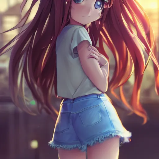 Image similar to a very beautiful anime girl, full body, long golden hair, sky blue eyes, full round face, short smile, mini jeans skirt, cute top, urban setting, cinematic lighting, medium shot, mid-shot, highly detailed, trending on Artstation, Unreal Engine 4k, cinematic wallpaper by Stanley Artgerm Lau, WLOP, Rossdraws, James Jean, Andrei Riabovitchev, Marc Simonetti, and Sakimichan