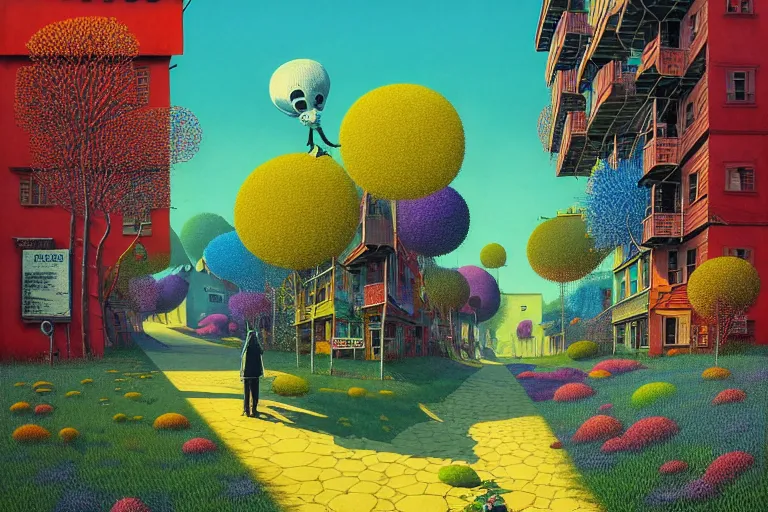 Image similar to surreal glimpse into other universe, jalan - jalan cari makan, summer morning, very coherent and colorful high contrast, art by!!!! gediminas pranckevicius!!!!, geof darrow, floralpunk screen printing woodblock, dark shadows, hard lighting, stipple brush technique,