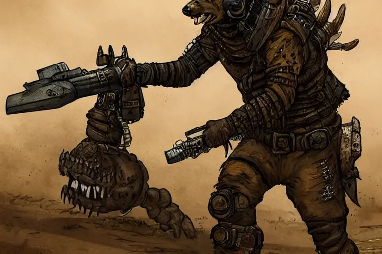 Image similar to a good ol'hyena fursona ( from the furry fandom ), heavily armed and armored facing down armageddon in a dark and gritty version from the makers of mad max : fury road. witness me.