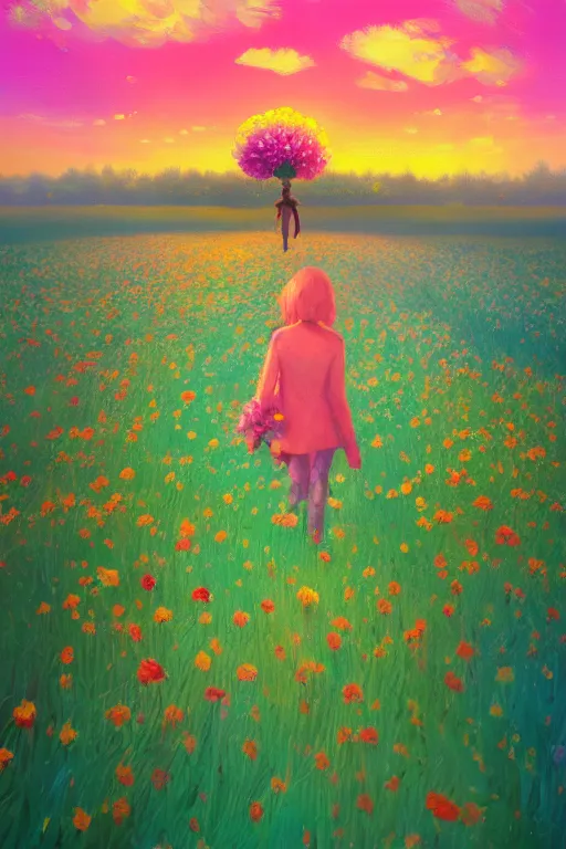 Image similar to giant flower head, girl walking in a flower field, surreal photography, sunrise, dramatic light, impressionist painting, colorful clouds, digital painting, artstation, simon stalenhag