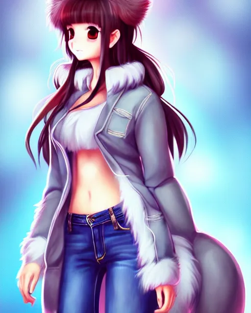 Prompt: fullbody portrait of anthropomorphic half - tiger fluffy cute anime woman in jeans coat, concept art, anime art, by a - 1 picture, trending on artstation artgerm, ross tran, wlop, marc davis