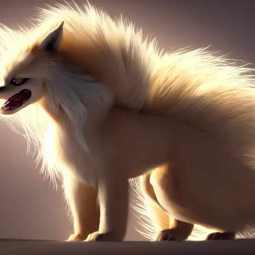 Image similar to photography of a realistic ninetales animal, ultra detailed, 8 k, cinematic lighting, natural background, trending on artstation, pokemon