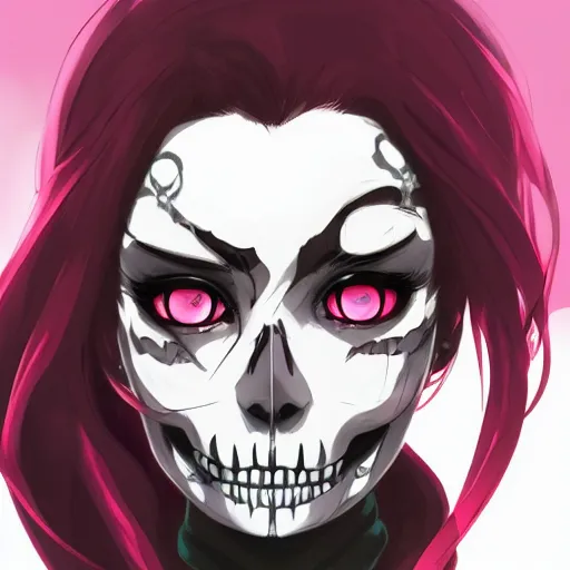 Prompt: manga portrait of a girl skull face, in the style of artgerm, charlie bowater, atey ghailan and mike mignola, vibrant colors and hard shadows and strong rim light, plain background, comic cover art, trending on artstation