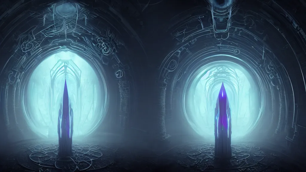 Image similar to portal to the ethereal realm, centered symmetrical composition, intricate concept art, ethereal, ominous, mysterious, enchanted, magic, misty, amazing depth, dramatic lighting, illuminated lines, outrun, vaporware, illuminated runes, cyberpunk darksynth, dark background, 8 k, octane render, by james paick and stephan martiniere and alphonse mucha