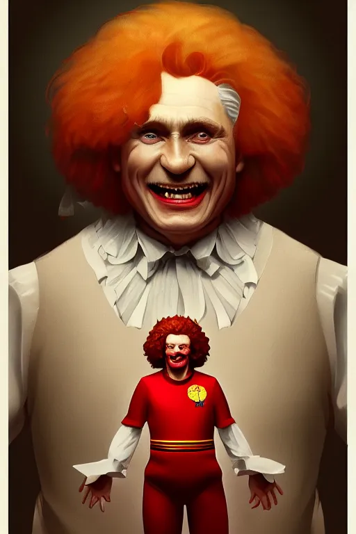 Image similar to vladimir putin as ronald mcdonald, 2 d portrait, symmetrical, highly detailed, digital painting, artstation, concept art, smooth, sharp focus, illustration, cinematic lighting, art by artgerm and greg rutkowski and alphonse mucha