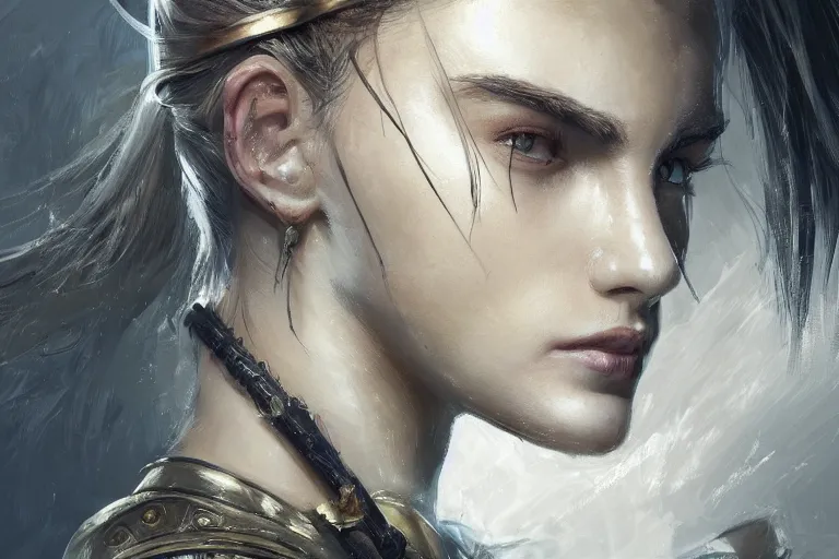 Image similar to a finely detailed portrait of an attractive young woman, clothed in battle armor, olive skin, long dark hair, beautiful bone structure, symmetrical facial features, intricate, elegant, digital painting, trending on Artstation, concept art, smooth, sharp focus, illustration, from Metal Gear by Ruan Jia and Mandy Jurgens and Artgerm and and william-adolphe bouguerea, award winning