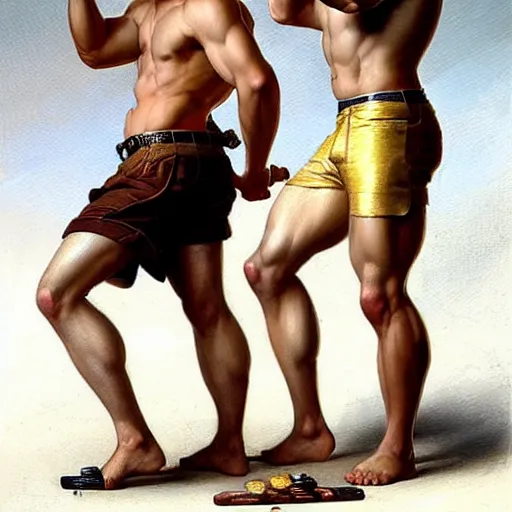 Image similar to attractive muscular maculine male with brunet hair and attractive muscular masculine male with blond hair. pants and shorts, drinking their hearts out, in a pub. highly detailed and very defined painting by j. c. leyendecker, gaston bussiere, craig mullins 8 k