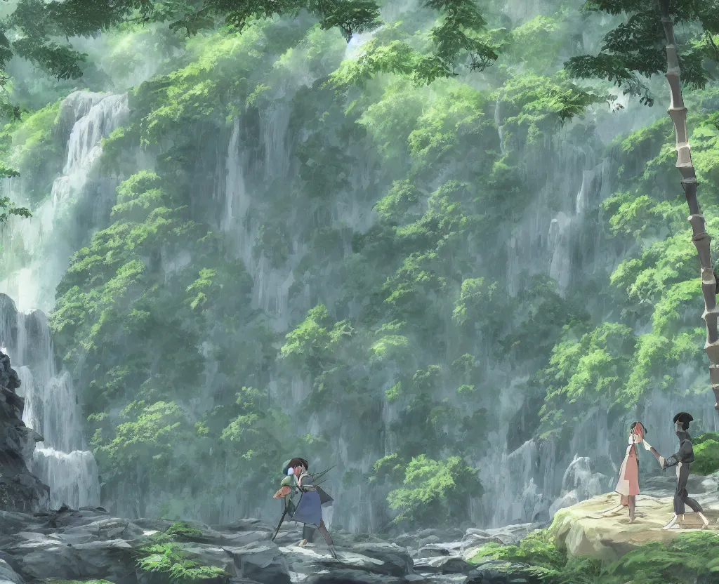 Image similar to two figures grappling in a misty japanese bamboo forest, cell shaded, huge waterfall, large rocky mountain, drawing, stylized anime, sun rays, soft, by hayao miyazaki, ghibli studio, makoto shinkai, toei animation, studio trigger, trending on artstation, 4 k, hd