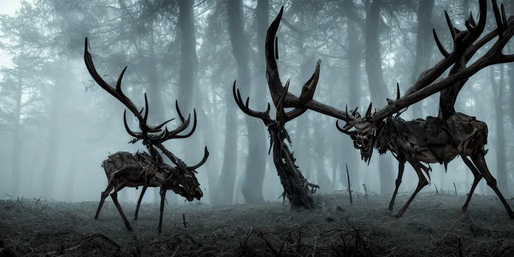 Image similar to leshen with deer skeleton skull and horns, ram skulls, grand imposing powerful sculpture. swirls of mist. occult photorealism, uhd, amazing depth, volumetric lighting, cinematic lighting. epic landscape.