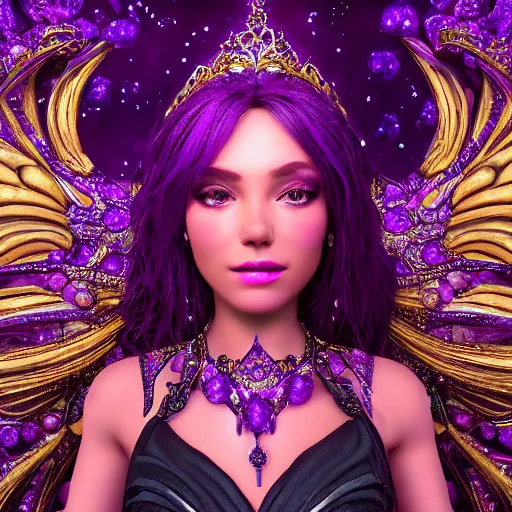 Image similar to portrait princess of amethyst, glowing, ornate and intricate purple jewelry, jaw dropping beauty, glowing background lighting, purple accent lighting, hyper detailed, fairy tale, 4 k octane render