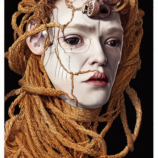 Image similar to portrait of a Shibari rope wrapped face and neck, headshot, insanely nice professional hair style, dramatic hair color, digital painting, of a old 15th century, old cyborg merchant, amber jewels, baroque, ornate clothing, scifi, realistic, hyperdetailed, chiaroscuro, concept art, art by Franz Hals and Jon Foster and Ayami Kojima and Amano and Karol Bak,