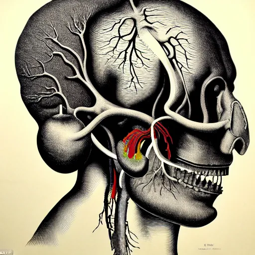 Image similar to surreal heart head anatomical atlas dissection center cut, lithography on paper conceptual figurative ( post - morden ) monumental dynamic soft shadow portrait drawn by hogarth and escher, inspired by goya, illusion surreal art, highly conceptual figurative art, intricate detailed illustration, controversial poster art, polish poster art, geometrical drawings, no blur