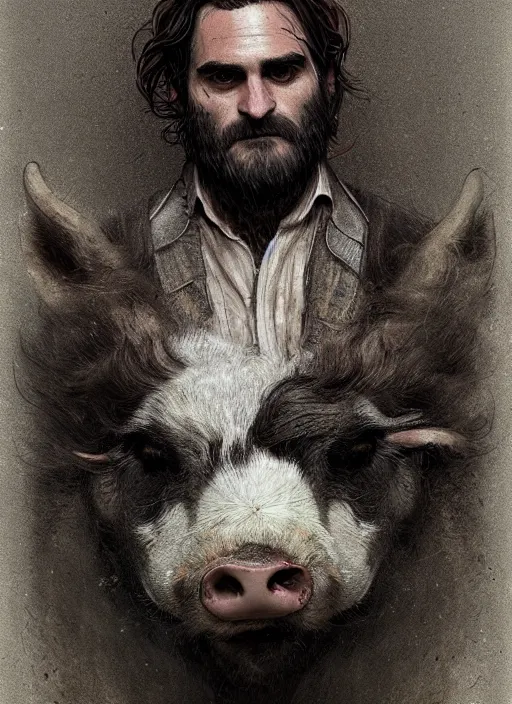 Image similar to a hyper detailed full face portrait of joaquin phoenix as the king of animals, cow, pig, sheep, chicken, horror, by anna podedworna, by miklos ligeti, by diego maricato, on artstation