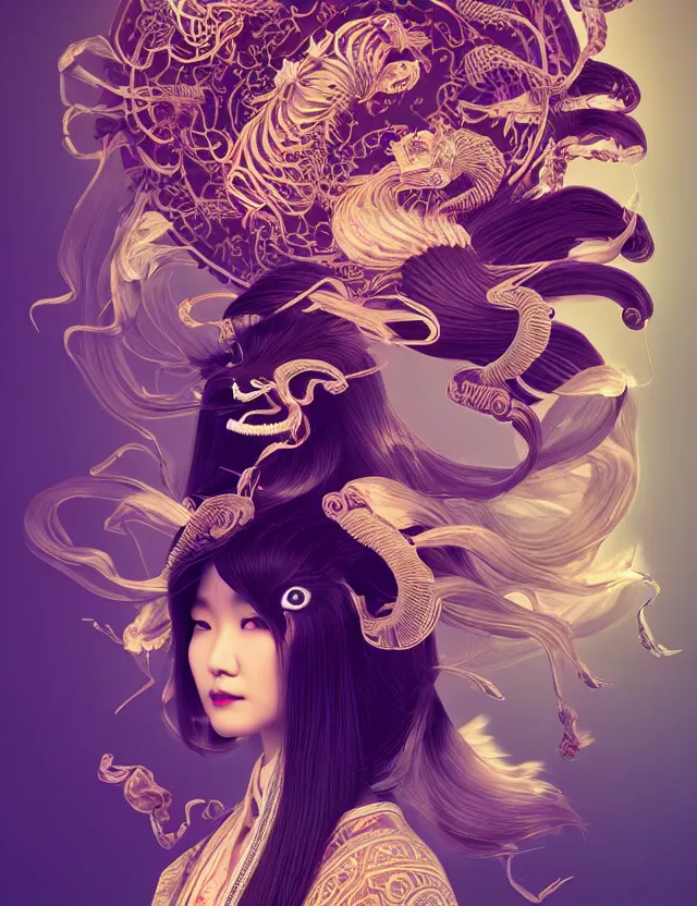 Image similar to 3 d slvic goddess half - turn portrait with long hair with ram skull. beautiful intricately detailed japanese crow kitsune mask and clasical japanese kimono. betta fish, jellyfish phoenix, bio luminescent, plasma, ice, water, wind, creature, artwork by tooth wu and wlop and beeple and greg rutkowski