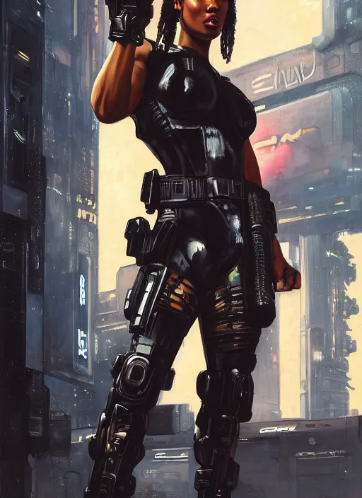 Image similar to black chun li. cyberpunk police trooper in a military vest ( blade runner 2 0 4 9, cyberpunk 2 0 7 7 ). orientalist portrait by john william waterhouse and james gurney and theodore ralli and nasreddine dinet, oil on canvas. cinematic, hyper realism, realistic proportions, dramatic lighting, high detail 4 k