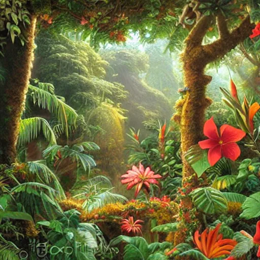 Prompt: an enchanted forest full of tropical flowers, by alex horley