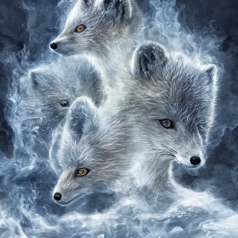 Image similar to hyperrealistic surrealistic arctic fox bring ice and fire and destruction to the world photorealistic symmetrical detailed fractal