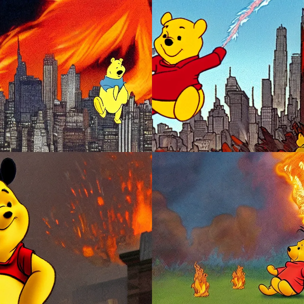 Prompt: winnie the pooh breathes fire down on manhattan, destroying the city