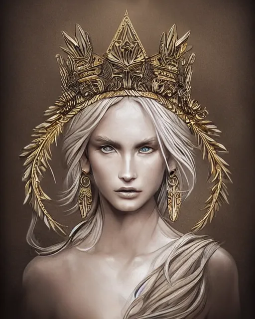 Image similar to tattoo design sketch of cute beautiful blonde super model as aphrodite greek goddess wearing a gold laurel wreath and triangle earrings, beautiful piercing gaze with sharp pupils, in the style of greg rutkowski, fantasy, amazing detail, epic, elegant, smooth, sharp focus, front view