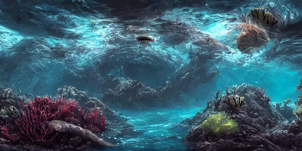 Prompt: alien underwater ecosystem, landscape, Christian Cline, Alex Ries, digital art