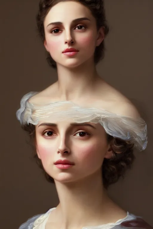 Prompt: Nathalie Portman portrait, loving amber eyes, a shy face, style portrait painting of François Boucher, Oil Painting, unreal 5, DAZ, hyperrealistic, octane render, Regal, Refined, Detailed Digital Art, RPG portrait, William-Adolphe Bouguereau, Michael Cheval, dynamic lighting, Highly Detailed, Cinematic Lighting, Unreal Engine, 8k, HD