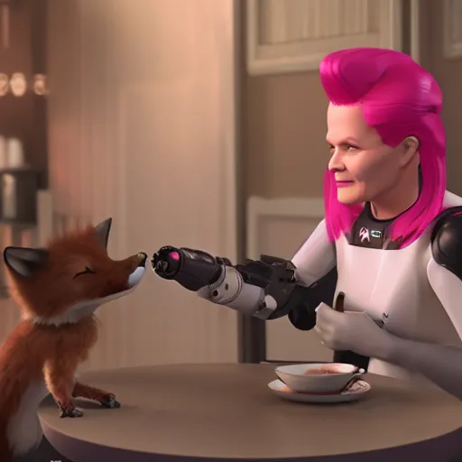 Image similar to captain janeway sharing coffee with a robotic fox with pink hair, inside a french cafe, 3 d render, hdr 8 k octane engine, unreal engine 5