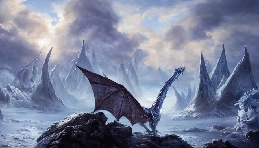 Image similar to epic ice dragon in a nordic landscape under bright daylight with fluffy clouds, set in the words of the Forgotten Realms and Guildwars2, painted by Hans Fredrik Gude, Greg Rutkowksi and Artgerm, concept art 2022, ultra realistic masterpiece, contrasting details vs blank areas, oil on canvas