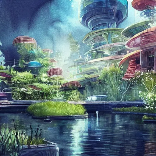 Image similar to Beautiful happy picturesque charming futuristic sci-fi town in harmony with nature. Beautiful light. Water and plants. Nice colour scheme, soft warm colour. Beautiful detailed watercolor by Lurid. (2022)