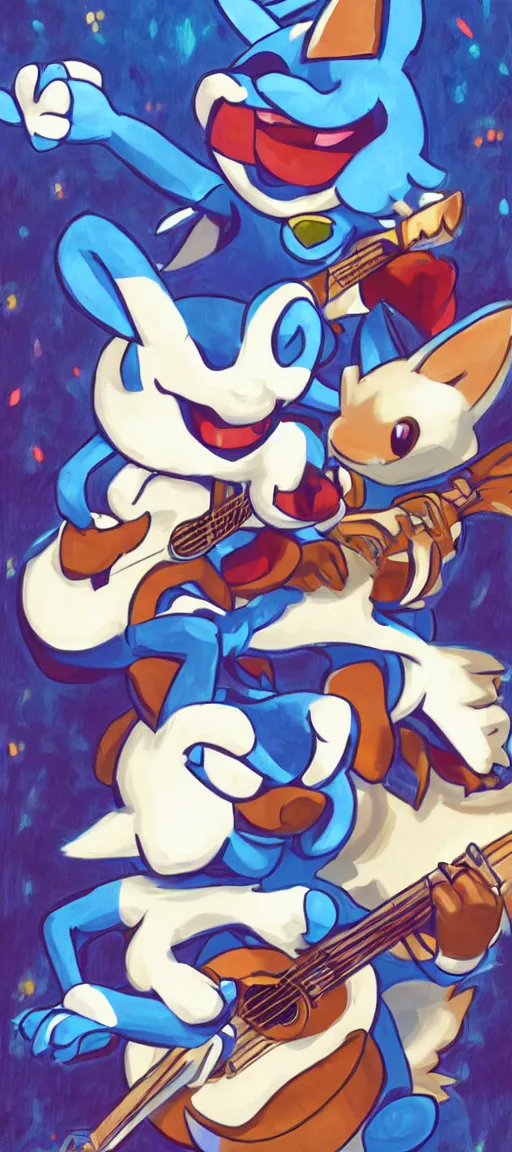 Image similar to K.K Slider playing guitar at a concert with lucario, portrait full body, digital art, high quality, detailed, beautiful colors, mesmerizing