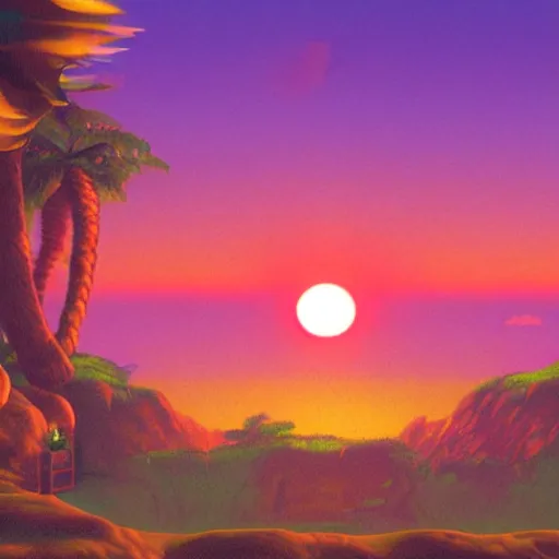 Image similar to photo of a real sunset inside the first level of donkey kong country ( 1 9 9 4 ), real life, photorealistic, soft focus, long exposure