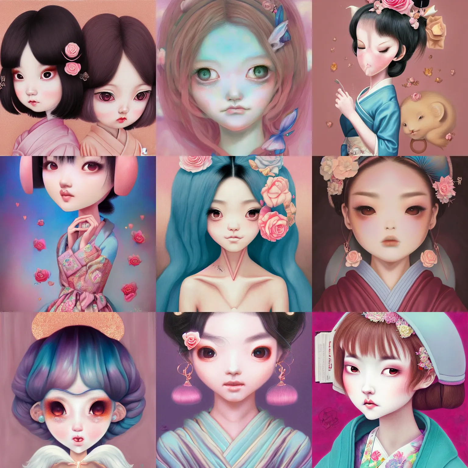 Prompt: a digital painting of a cute geisha e - girl by amy sol hikari shimoda, mark ryden, cute, weird, cool, pastel colors, rose gold, face symmetry, artgerm