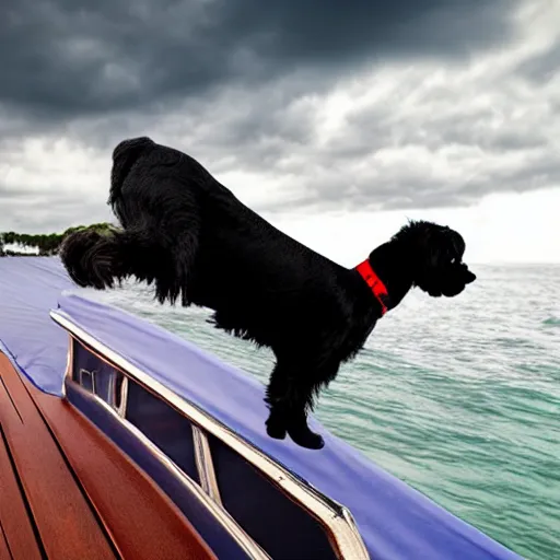 Image similar to black maltese dog on a sailboat, realistic photo, threatening clouds