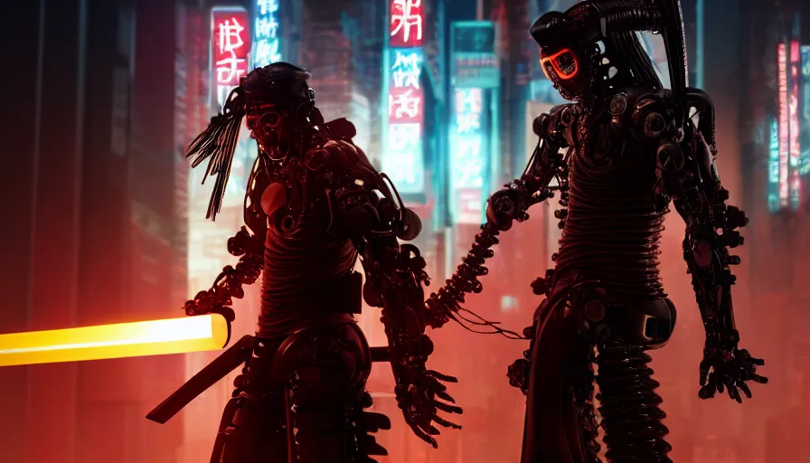 Image similar to movie still, an biomechanical cyborg samurai holds a katana in his hands in night city, cyberpunk horror style, cyberpunk, cyberpunk futuristic neo, detailed and intricate environment, octane render, unreal engine, 4 k