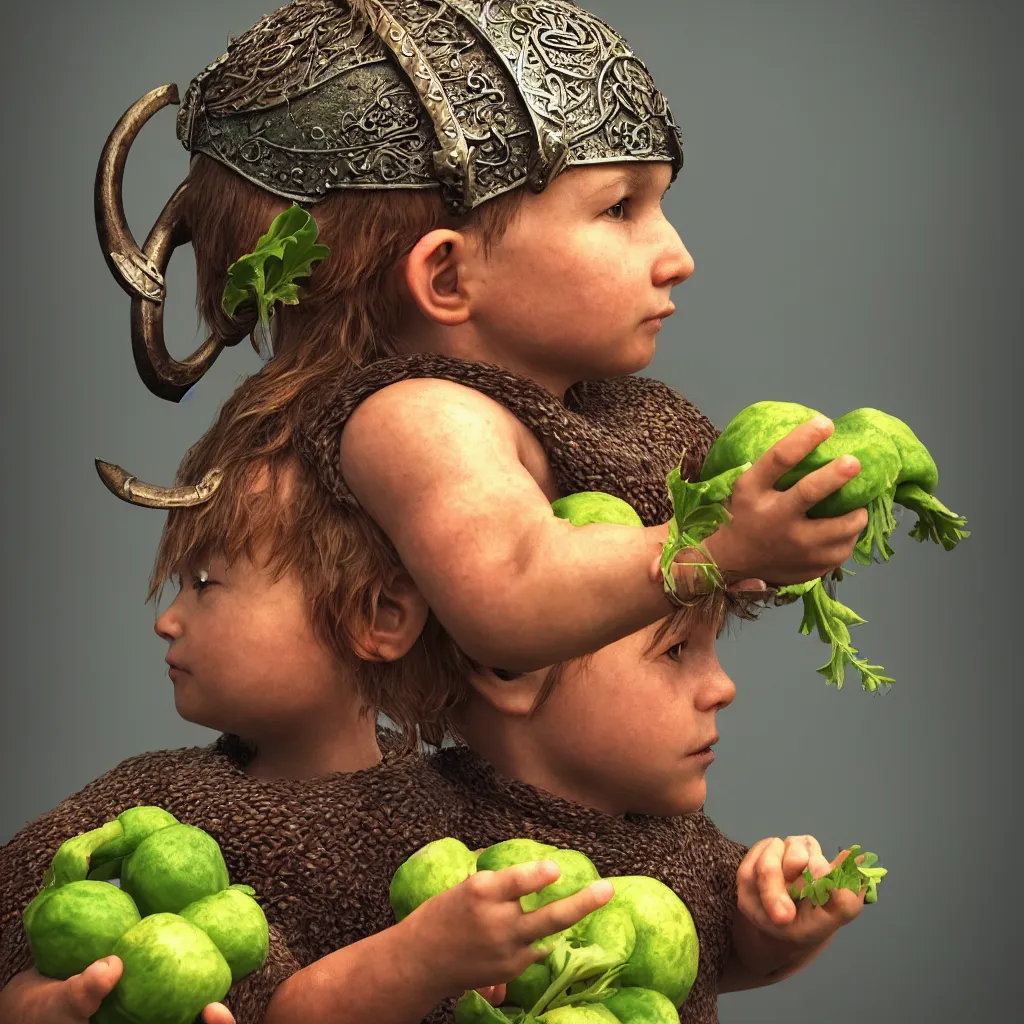 Prompt: profile picture of a Viking child holding vegetables, intricate, ornate, photorealistic, ultra detailed, octane render, high definition, depth of field, bokeh, 8k, artstation, cgsociety