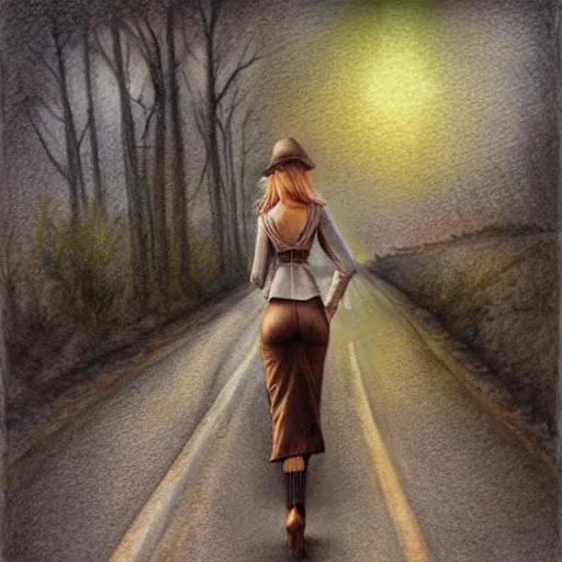 Image similar to hyper realistic full body pencil drawing of a woman steampunk standing on a road, water color, detailed, rim light, diffused, intricate, by anna dittmann,