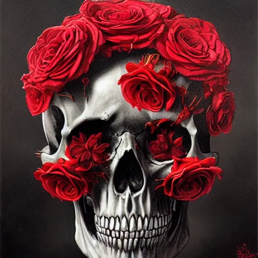 Image similar to skull made of red roses, organic horror, devil, death, giger, epic, baroque, extremely detailed and intricate, artstation, digital painting, alphonse mucha, artgerm, greg rutkowski, cgsociety