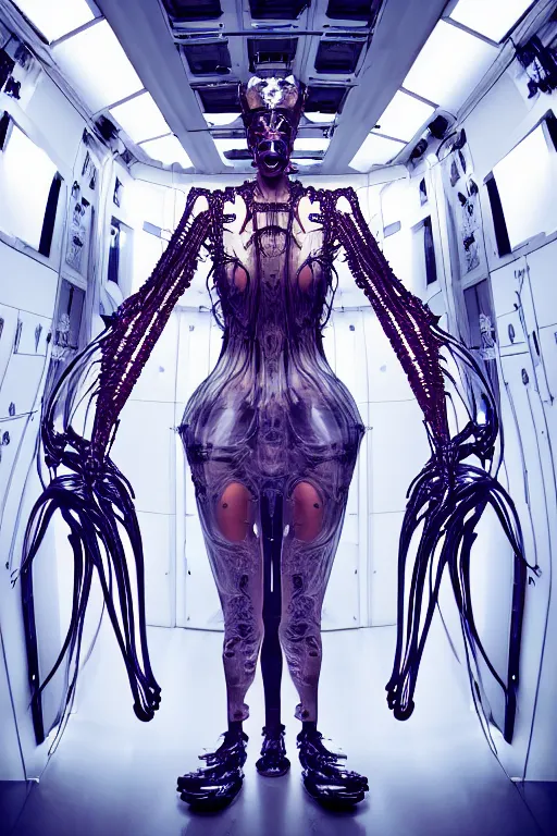 Image similar to background space station, baroque inflateble dress iris van herpen positing on floor, perfect symmetrical, full body shot, white helmet on face, inflateble shapes, wires, tubes, veins, jellyfish, white biomechanical details, wearing epic bionic implants, masterpiece, intricate, biopunk, vogue, highly detailed, artstation, concept art