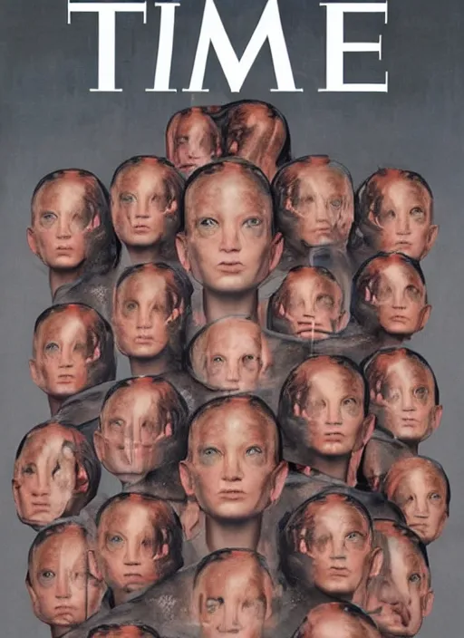 Prompt: TIME magazine cover, the coming AI singularity, by the Vanessa Beecroft and Sandra Chevrier