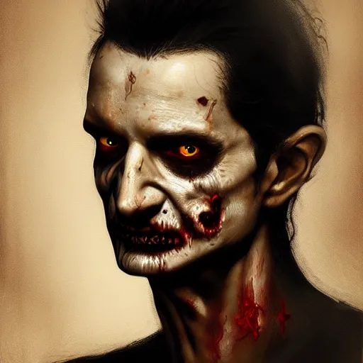 Image similar to color portrait of a zombie version of dave gahan when he was young, 7 days to die zombie, fine art, award winning, intricate, soft light from the side, elegant, sharp focus, cinematic lighting, highly detailed, digital painting, 8 k concept art, art by z. w. gu, art by brom, art by michael hussar, masterpiece, 8 k