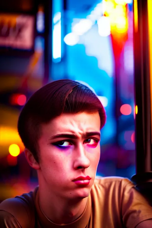 Image similar to an ultra high definition telephoto portrait cyberpunk 7 0 s diner film set photograph of a young man with short messy brown hair triangle head puffy cheeks narrow chin high cheek bones confused expression. wide angle close up. three point lighting. volumetric. refraction. imagined detail. soft focus ambient light sources. haze, light glare, art directed. filmic.