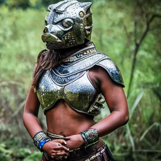 Prompt: photo of a female warrior with jaguar armour