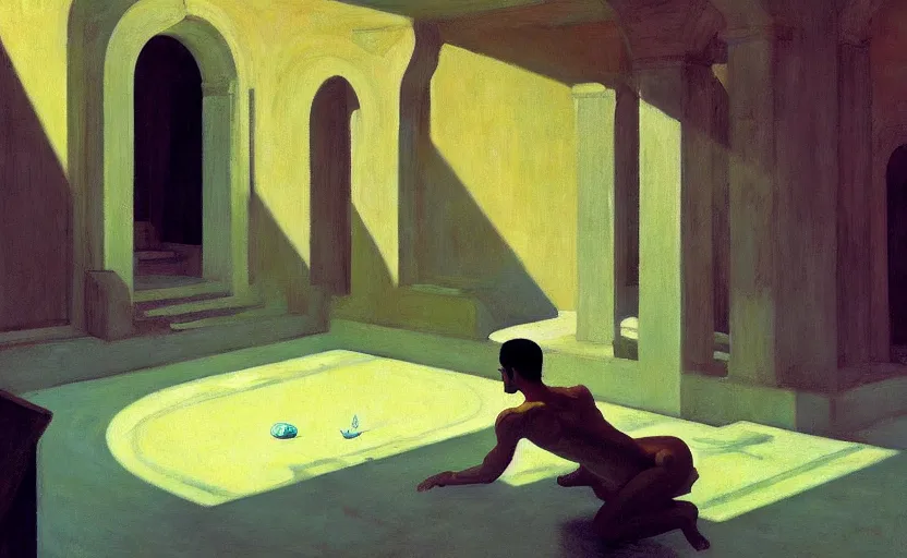 Image similar to Inside a greek dungeon with a big pool, very coherent, painted by Edward Hopper, Wayne Barlowe, painted by James Gilleard, airbrush, art by JamesJean