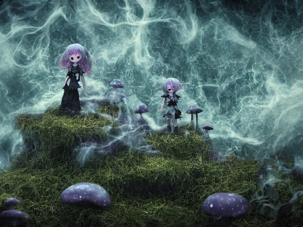 Image similar to cute fumo plush of a gothic maiden girl, inverse color, overdose, overgrown flooded mystical mushroom forest temple, mysterious ritual over tempestuous stormy water, wisps of volumetric vortices of glowing smoke and fog, vignette, vray