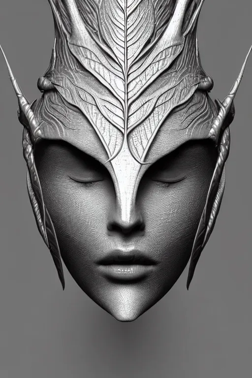 Image similar to bw close - up profile face, black background, beautiful young porcelain vegetal - dragon - cyborg - female, 1 5 0 mm, beautiful natural soft rim light, silver gold details, magnolia leaves and stems, roots, mandelbot fractal, elegant, ultra detailed, white metallic armour, octane render, h. r. giger style